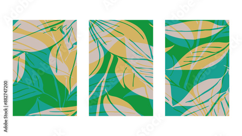 Set of 3 Botanical background. Abstract plant shapes. Minimalist illustration for printing on wall decorations.