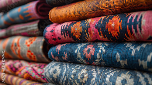 A telephoto angle photo of an intricate Ikat pattern background with vibrant colors and sharp contrasts, highlighting Indonesian craftsmanship, with copy space © Наталья Евтехова