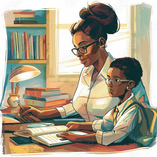 2.homeschooling together: mother and child studying in home library, illustrating love and learning photo