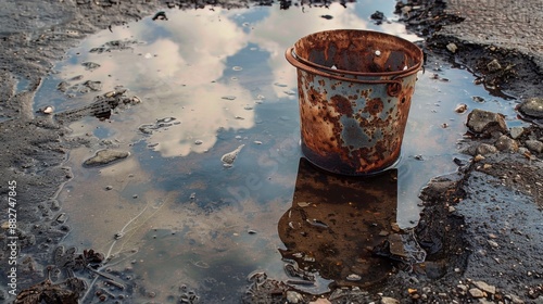 Weathered Rusty Metal Bucket with Holes in Puddle, Reflecting Sky - Industrial Decay Concept