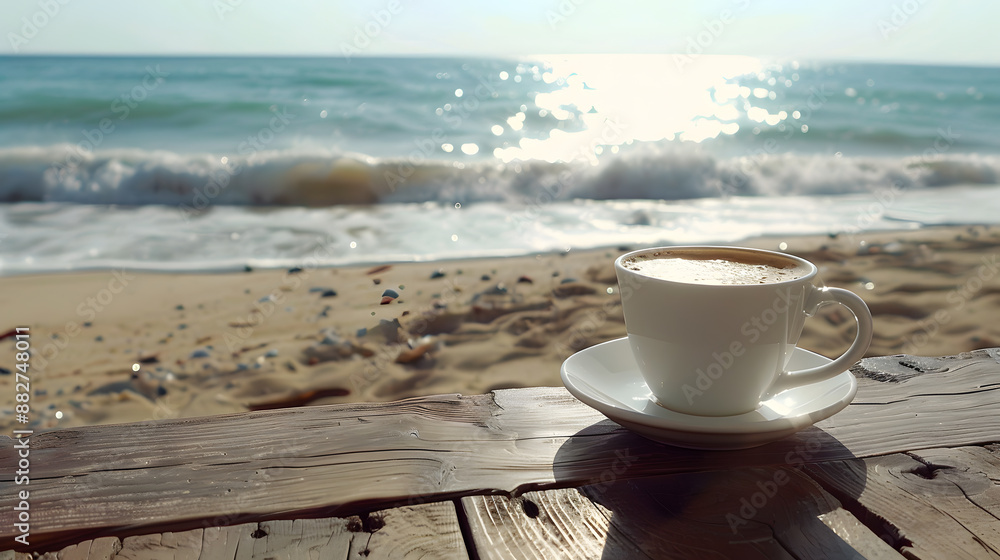Coffee on wood table in the beach. Coffee on wood table in the beach.