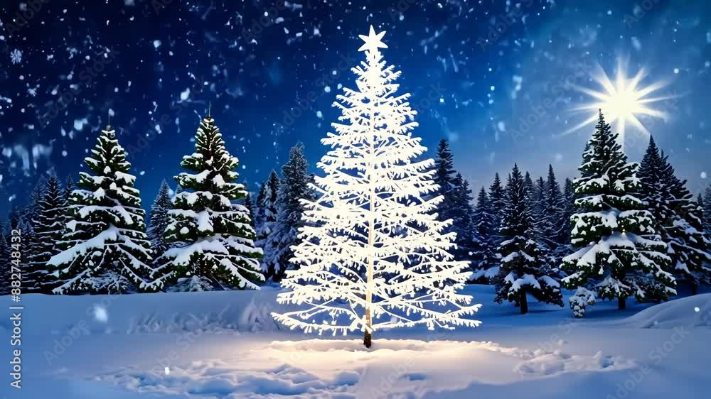 Illuminated Christmas Tree in Snowy Night Illuminated Christmas Tree in Snowy Night
