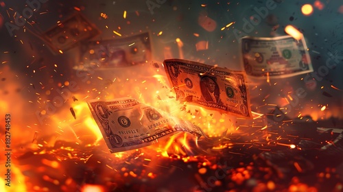 Depicting the harsh reality of financial crisis: burning dollars engulfed in flames, ashes scattering amidst the devastation, embodying the fear and oppressive nature of economic instability