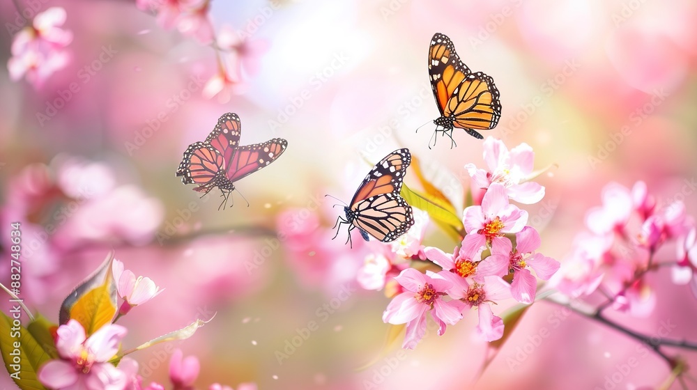 Embrace the Serenity of Spring: A Radiant Canvas of Pink Blossoms Embraced by Colorful Butterflies under Gentle Sunlight, Showcasing the Raw Beauty and Vitality of Nature Embrace the Serenity of Spring: A Radiant Canvas of Pink Blossoms Embraced by Colorful Butterflies under Gentle Sunlight, Showcasing the Raw Beauty and Vitality of Nature