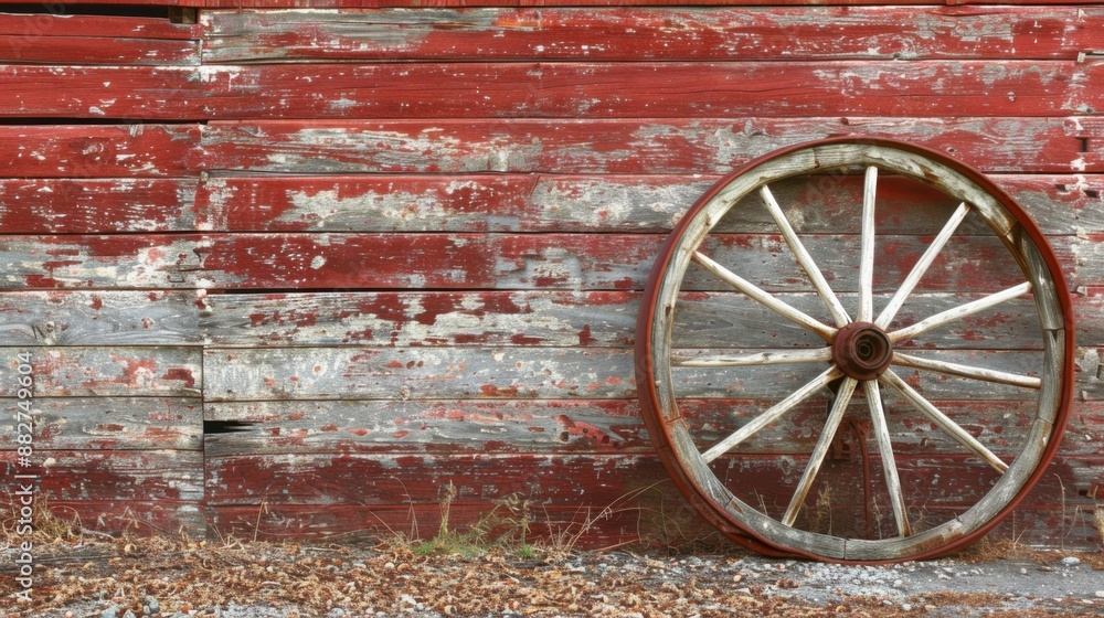 Obraz premium Vintage Rusty Wagon Wheel Leaning Against Weathered Barn Wall, Nostalgic Farm Scene