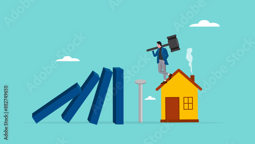home insurance with the concept of homeowner drives in concrete nails to protect the house from the beam that will hit it, guarantee to protect the house from damage or loss of contents and structure