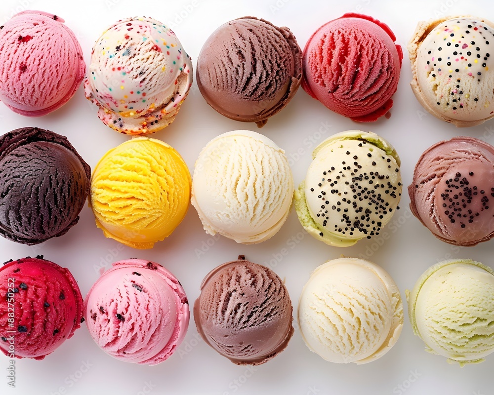 Assorted Scoops of Vibrant Ice Cream Flavors with Toppings on White Background Assorted Scoops of Vibrant Ice Cream Flavors with Toppings on White Background