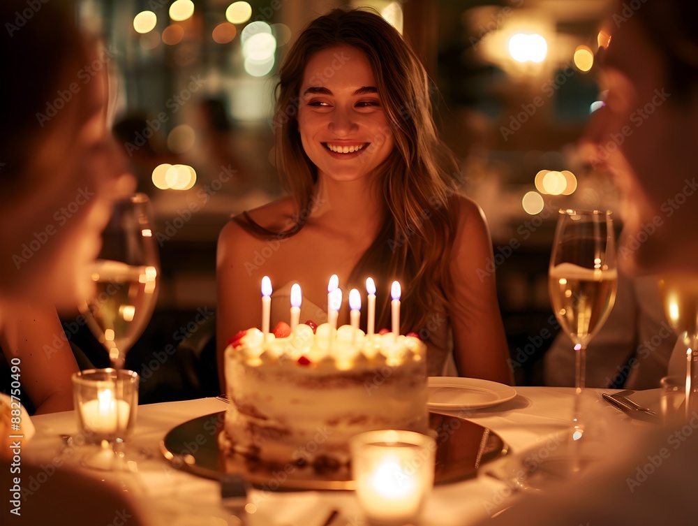 Elegant Adult Birthday Dinner with Friends Celebrating with Cake and Candles in Dimly Lit Chic Restaurant Elegant Adult Birthday Dinner with Friends Celebrating with Cake and Candles in Dimly Lit Chic Restaurant
