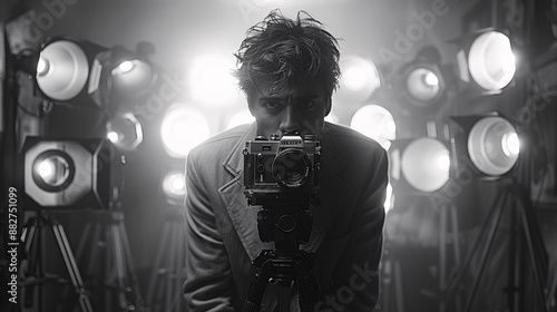 A man with messy hair intensely looks through a vintage camera, surrounded by bright studio lights in a monochrome setting photo