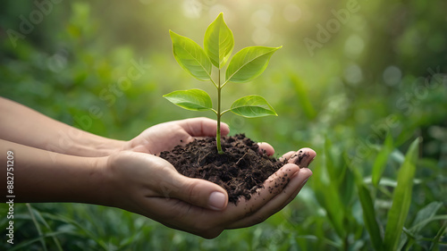 Earth Day Nurturing New Life Female Hand Holds Tree Seedling Against Bokeh Green Background photo