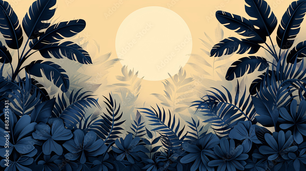 A stylized nature illustration with dark blue leaves and plants, set against a warm beige background, with a large, glowing circle resembling the sun A stylized nature illustration with dark blue leaves and plants, set against a warm beige background, with a large, glowing circle resembling the sun