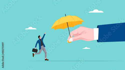 buy insurance for future security, happy man receives umbrella from big businessman hand