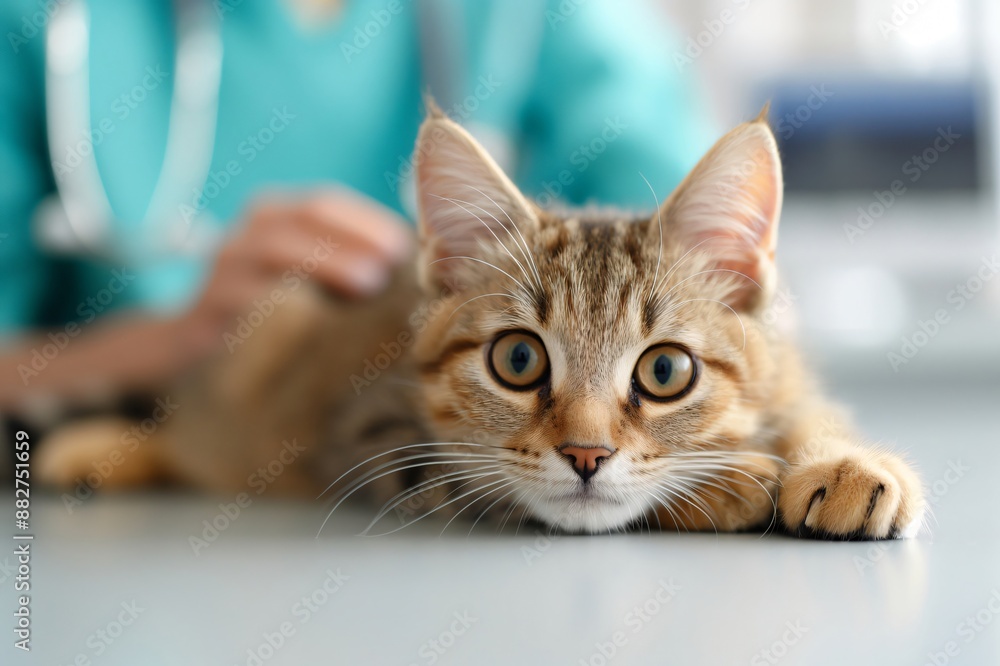 Cute tabby cat being examined by veterinarian in clinic Cute tabby cat being examined by veterinarian in clinic