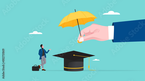 child education insurance, guarantee for reduced education costs in future, education insurance for success, big businessman hand protect the graduation cap and its owner from financial difficulties