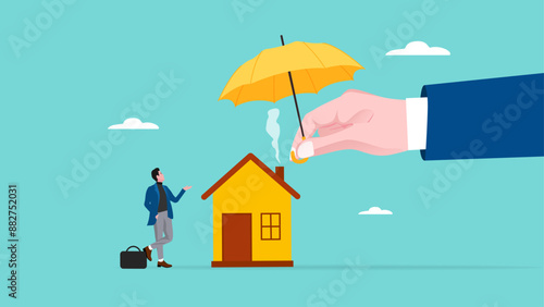 home insurance or homeowners protection, security shield concept, guarantee to protect the house from damage or loss of contents and structure, big businessman hand covers the house and its owner
