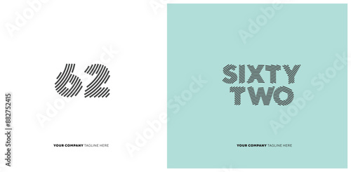 Number or Digit 62 sixty two, with line effect editable vector.
