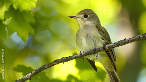 Acadian flycatcher perched on branch in sunlight