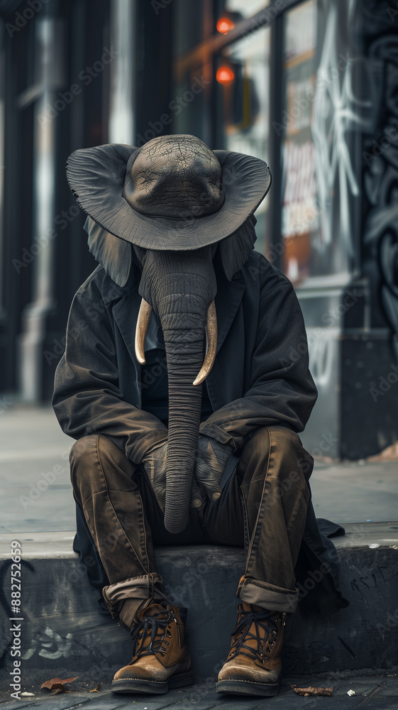 African forest elephant in human clothing sitting on a curb African forest elephant in human clothing sitting on a curb