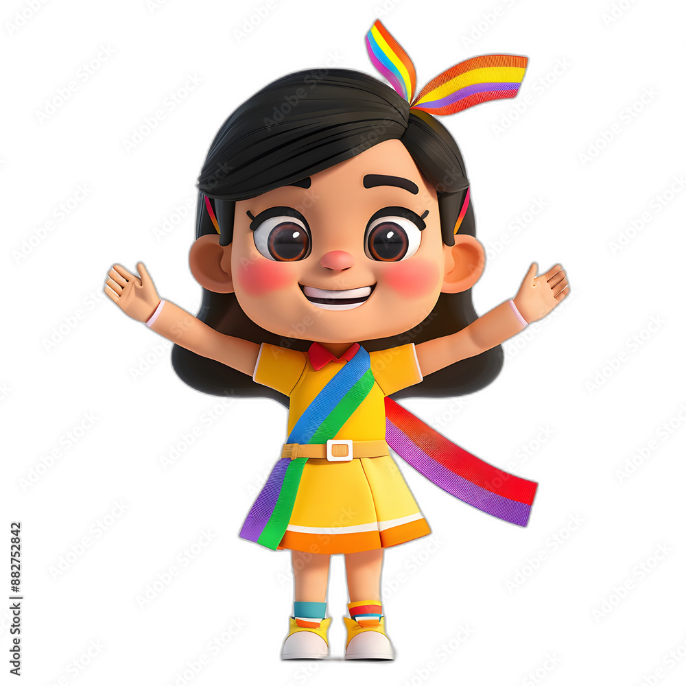 A cheerful 3D female character with a rainbow sash and a big smile, celebrating diversity on a white background A cheerful 3D female character with a rainbow sash and a big smile, celebrating diversity on a white background