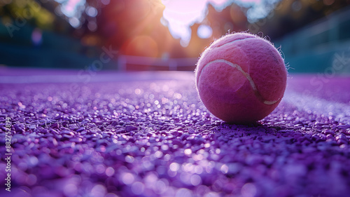 Close-up of a tennis ball on a purple court during golden hour