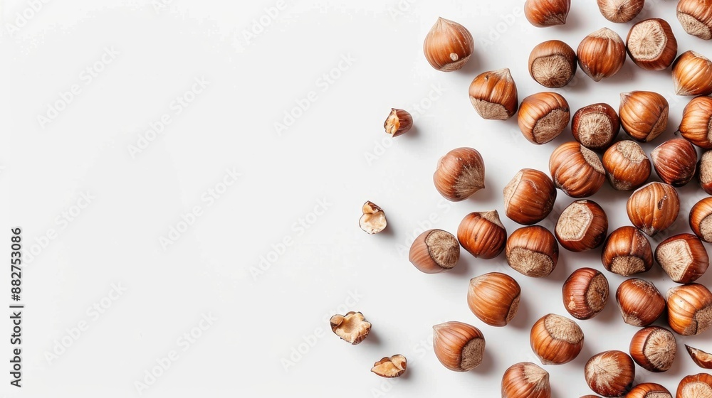 Dried hazelnuts on white background with space for text