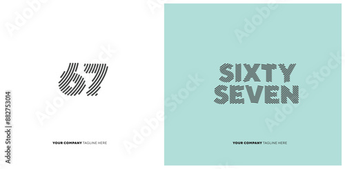 Number or Digit 67 sixty seven, with line effect editable vector.