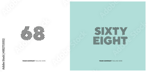 Number or Digit 68 sixty eight, with line effect editable vector.
