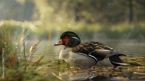 Digital depiction of a mature male wild duck resting by the water s edge photo