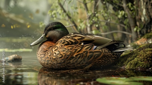 Digital depiction of a mature male wild duck resting by the water s edge photo