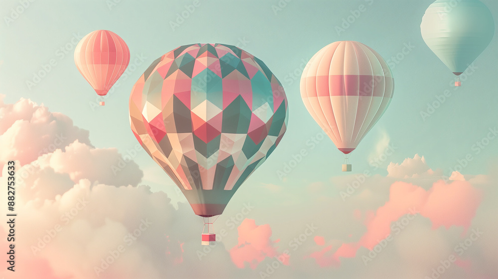 Geometric hot air balloons soaring through pastel clouds Geometric hot air balloons soaring through pastel clouds