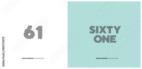 Number or Digit 61 sixty one, with line effect editable vector.