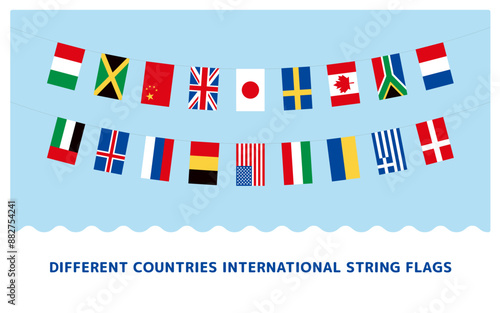 世界のさまざまな国旗バナー、連なった国旗のガーランドの主線なしのイラストセット。