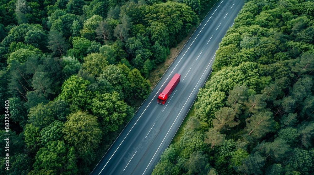 Drone view sustainable transport hydrogen energy truck and car on highway in green forest Drone view sustainable transport hydrogen energy truck and car on highway in green forest