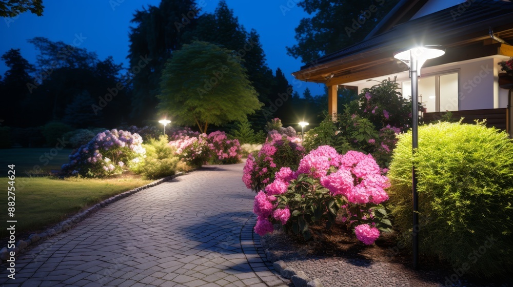 Naklejka premium Modern garden landscaping illuminated pathway with ambient lighting, flowers, and plants