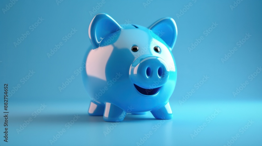 Fototapeta premium Blue piggy bank with a playful smile, on a vibrant blue background. generative ai