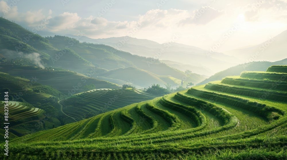 Fototapeta premium Breathtaking terraced hillside under a clear sky. a serene landscape ideal for travel and nature themes. perfect as a calming background or wall art. AI