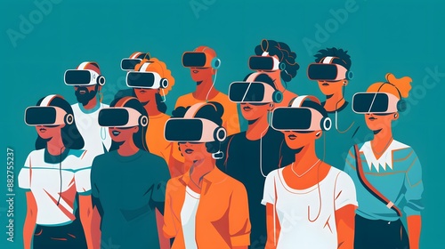 A diverse group of people wearing VR headsets, each engaged in different virtual activities like gaming, education, or exploration, showcasing the versatility of VR technology photo