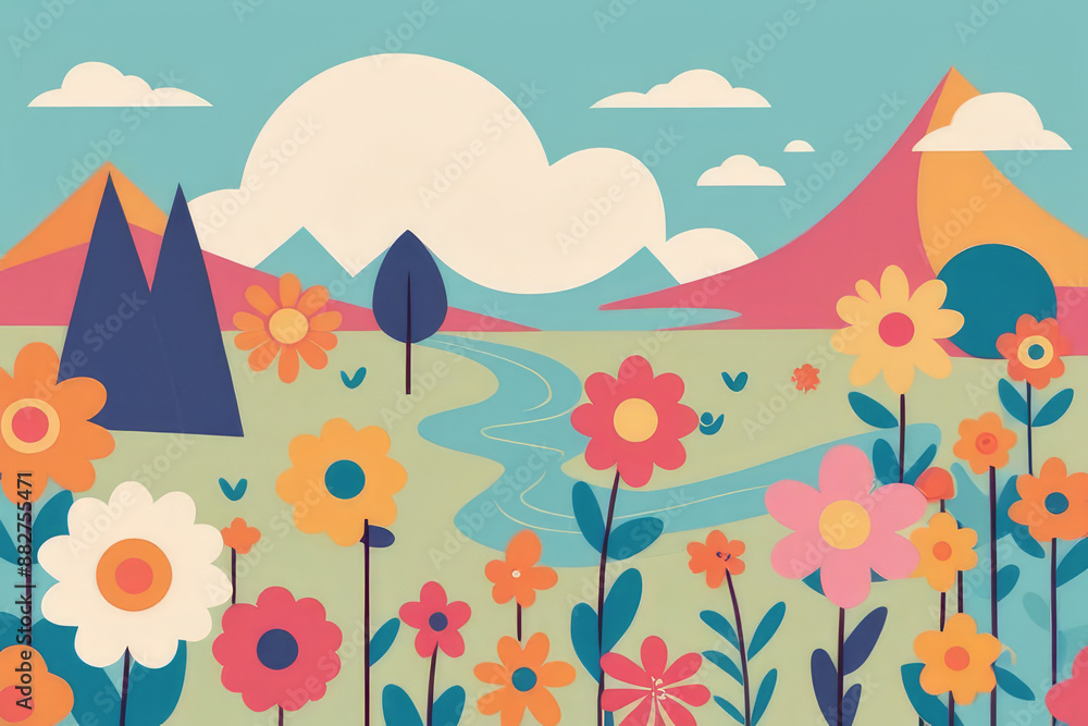 Fototapeta premium Very cute colorful flowers on a meadow, funny retro cartoon Character.