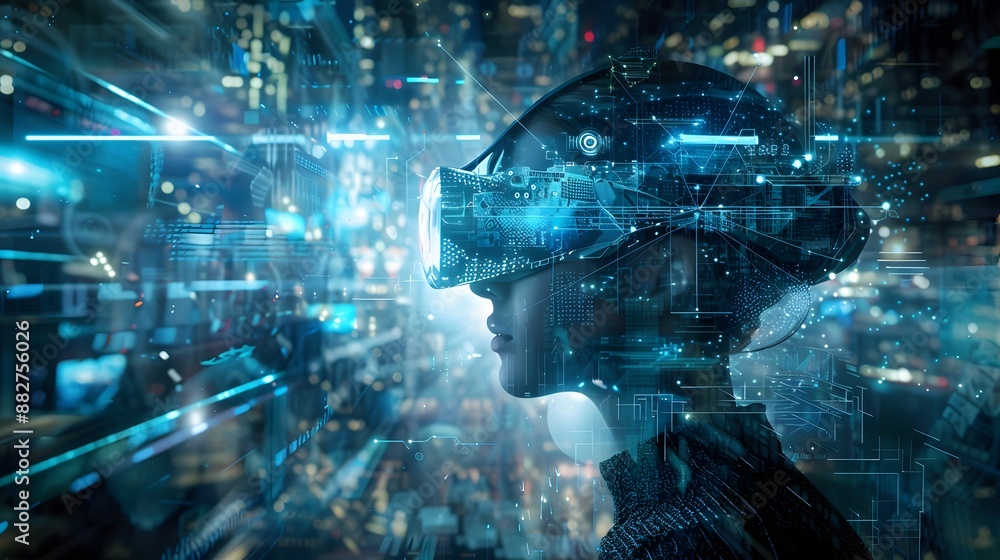 A person wearing futuristic VR glasses, with holographic projections and augmented reality overlays visible in their surroundings, demonstrating the integration of virtual and A person wearing futuristic VR glasses, with holographic projections and augmented reality overlays visible in their surroundings, demonstrating the integration of virtual and