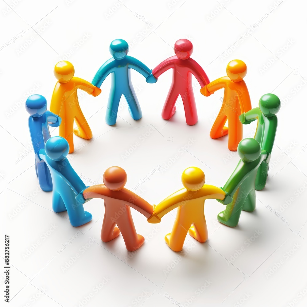 A 3D icon representing teamwork, featuring a group of people standing in a circle holding hands. The illustration emphasizes unity and collaboration, ideal for business and corporate projects.