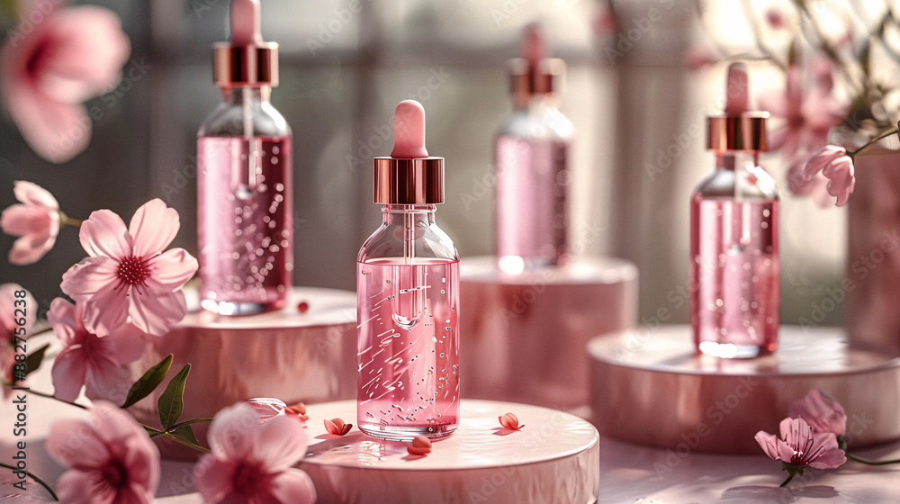 Multiple pink serum bottles among pink flowers. Soft, natural lighting creates a delicate, elegant display, emphasizing beauty and skincare Multiple pink serum bottles among pink flowers. Soft, natural lighting creates a delicate, elegant display, emphasizing beauty and skincare