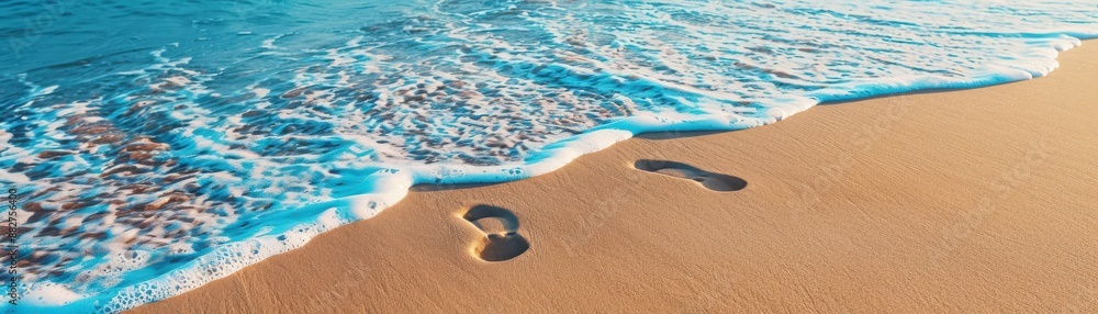 Obraz premium Footprints on a sandy beach near the ocean waves, creating a serene and peaceful coastal scene perfect for travel and relaxation concepts.