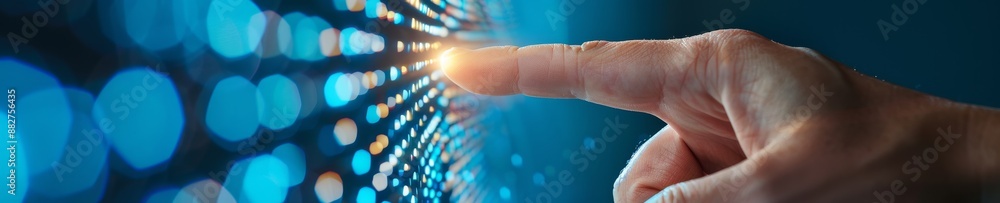 hand interacting with blue digital interface, abstract technology background. hand interacting with blue digital interface, abstract technology background.