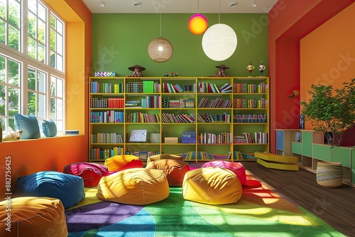 mockup colourfull school library room interior. 3D rendering