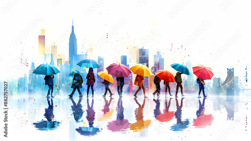 Colorful 3D Flat Icon of People with Umbrellas in Rainy Cityscape Urban Life Blend with Rain Season in Whimsical Background, Space for Text Isolated on White Colorful 3D Flat Icon of People with Umbrellas in Rainy Cityscape Urban Life Blend with Rain Season in Whimsical Background, Space for Text Isolated on White
