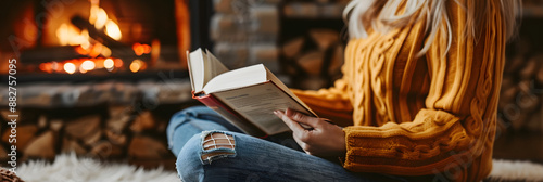 Uma mulher elegante lendo um livro à lareira photo