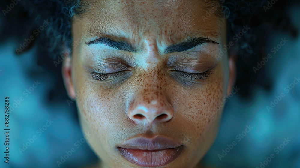 Close-up of a closed-eyed person with a furrowed forehead Close-up of a closed-eyed person with a furrowed forehead