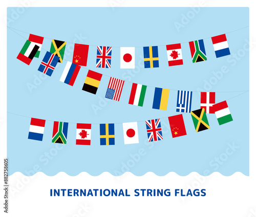 斜めに重なったカラフルな万国旗のイラストセット、線なしの国際旗バナー。