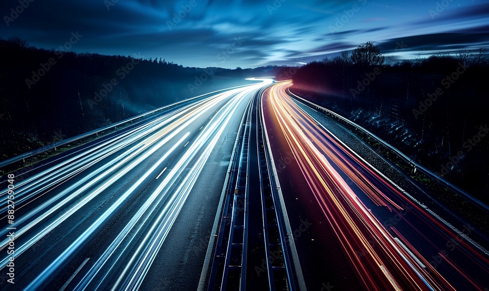 Highway with long exposure lights at night, fast moving cars creating light trails on the road in the United Kingdom. The lights from cars were captured with a long shutter speed, showing the paths of Highway with long exposure lights at night, fast moving cars creating light trails on the road in the United Kingdom. The lights from cars were captured with a long shutter speed, showing the paths of