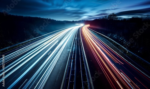 Highway with long exposure lights at night, fast moving cars creating light trails on the road in the United Kingdom. The lights from cars were captured with a long shutter speed, showing the paths of